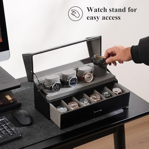 ProCase Watch Case for Men, 10 Slot Watch Display Stand with Acrylic Lid, Watch Display Case with Drawer, 2-Layer Mens Watch Box, Watch Holder Organizer for Men Women -Black - color: Black