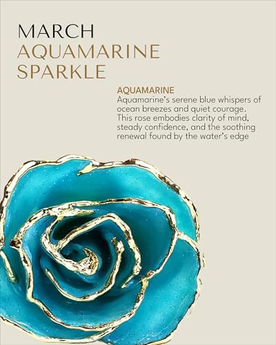 Forever Rose Hand-Dipped in 24K Gold, Aquamarine-Inspired March Birthstone with Sparkles, Real Rose in Luxury Gold Gift Box & Clear Glass Bud Vase – Perfect Ready for March Birthday or Any Occasion - color: March Aquamarine Sparkle