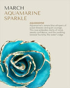 Forever Rose Hand-Dipped in 24K Gold, Aquamarine-Inspired March Birthstone with Sparkles, Real Rose in Luxury Gold Gift Box & Clear Glass Bud Vase – Perfect Ready for March Birthday or Any Occasion - color: March Aquamarine Sparkle
