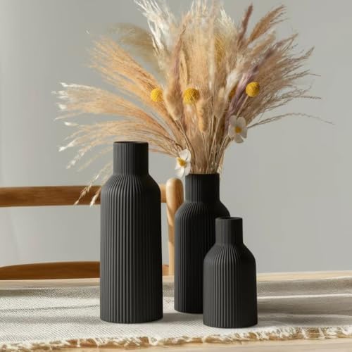 Glossy Black Ceramic Vases Set of 3 - Modern Ribbed Vases for Fresh Flowers & Pampas Grass - Minimalist Decorative Centerpieces for Coffee Table, Mantle, Entryway & Office - color: Black