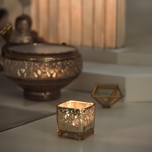 WGV 2 Inch Gold Speckle Square Cube Glass Votive Candle Holder, Small Tiny Mercury Tea Light 2x2”, 1 Pc - color: Gold-square-2"