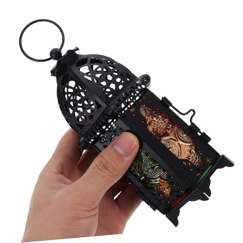 Vintage Iron and Glass Candle Lantern Colorful Decorative Holder for Events Parties and Weddings Black Frame for Indoor and Outdoor Decor - size: 16.00X6.00X6.00CM