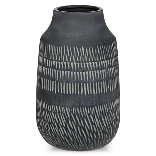 11" Rustic Farmhouse Vase with Linear Stripe, Antique Ceramic Vase Handmade in Pottery, Decorative Vintage Style for Home, Living Room, Shelf & Entryway Decor, Dark Gray - color: 11" Dark Gray