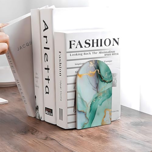 Decorative Bookends 2 Pcs Mint Green Golden Marble Print Wood Bookends for Shelves Heavy Books Kids Non-Skid Book Ends Stoppers for Office Desk Kitchen School - color: Mint Green Golden Marble Print