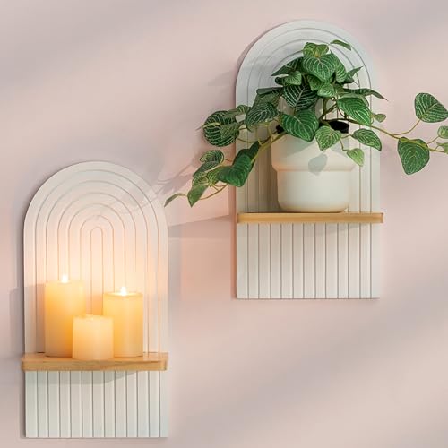 Boho Wall Candle Holder Decor: Mid Century Candle Sconces Set of 2 for Plants Pillar Candles - White Wood Modern Minimalist Arch Candle Shelf Bohemian Art Decor Beside Fireplace TV - color: White