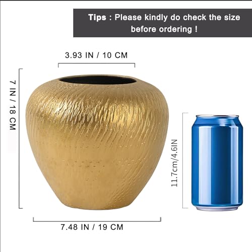 Gold Round Ceramic Vintage Vase - 7.48“ Golden Rustic Farmhouse Boho Vases for Home Decor, Modern Decorative Pottery Vase for Living Room, Diningroom Table, Entryway, Mantel - style: Gold Texture Round
