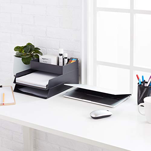 Amazon Basics Rectangular Plastic Desk Organizer with Storage Trays, Accessory Tray for Office Supplies and Pen Holder, 9.4 x 6.7 x 2 inch, Black - color: Black, style: 1 Pack