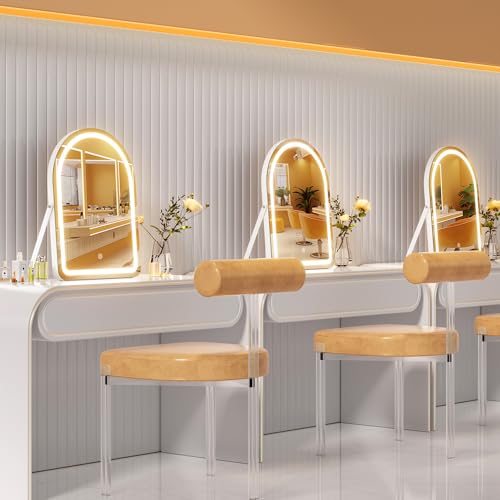 Hasipu Vanity Mirror with Lights and Bluetooth Speaker, 13.8"× 18" Arched LED Makeup Mirror, Lighted Makeup Mirror with Lights, Smart Touch Control Dimmable 3 Modes Light 360°Rotation White - size: 13.8"L x 18"W