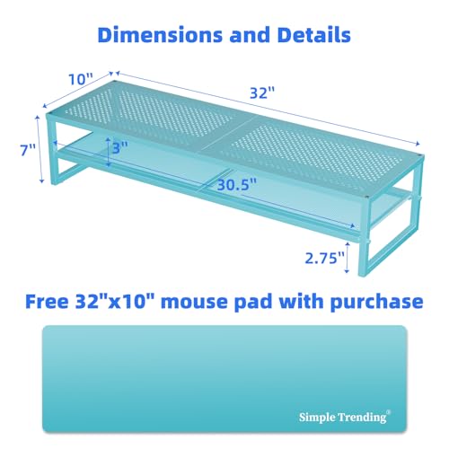 Simple Trending 2 Tier Metal Dual Monitor Stand Riser, Computer Office Desktop Organizer for 2 Monitors with 32"x10" Mouse Pad for Laptop, Printer, TV, Blue - color: Blue, size: 32"L x 10"W x 7"H