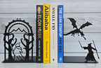 Decorative bookends for Shelves, 7 Inch Tall Heavy Metal Bookends, Unique Bookends, Non Skid Book Ends, Book Stopper for Home/Office Decor/Shelves, Wizard and Dragon Design, Black, 3lb