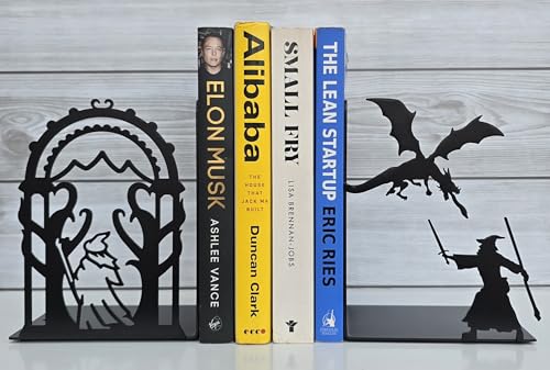 Decorative bookends for Shelves, 7 Inch Tall Heavy Metal Bookends, Unique Bookends, Non Skid Book Ends, Book Stopper for Home/Office Decor/Shelves, Wizard and Dragon Design, Black, 3lb