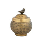 Round Hammered Metal Container with Bird Finial, Brass Finish - style: Bird