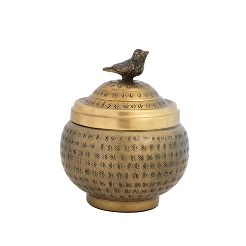 Round Hammered Metal Container with Bird Finial, Brass Finish - style: Bird