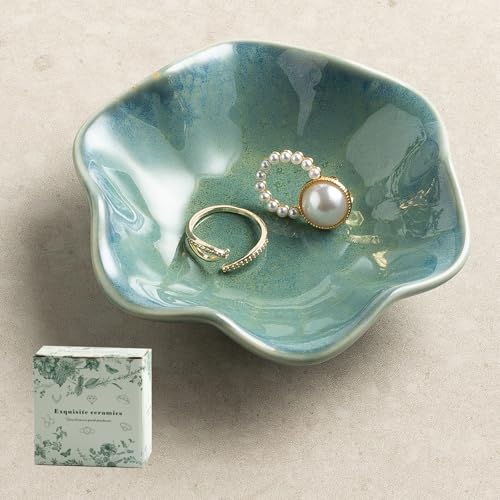 Ceramic Trinket Dish for Jewelry, Lotus Leaf Shape Small Ring Dish Tray, Jewelry Dish Organizer for Necklace Earrings, Home Decor Gift for Mom Best Friend Sister (green) - color: green