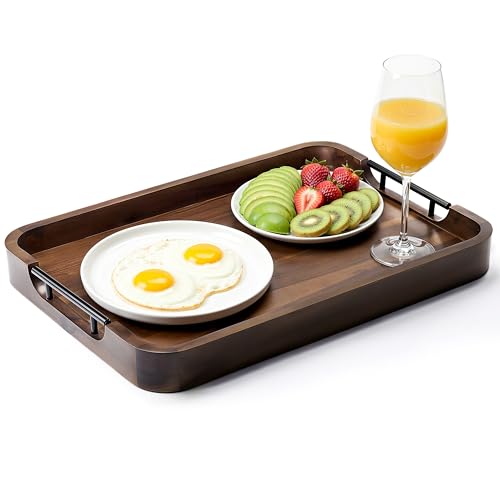 TIDITA Large Serving Tray with Handles - 20”x14” Rectangle Ottoman Tray, Wooden Tray for Ottoman, Wooden Ottoman Tray for Living Room - Decorative Trays for Coffee Table with Round Edge (Walnut color) - color: Walnut Color, size: 20" x 14" x 2"