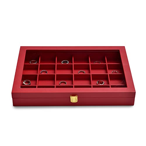 Oirlv Luxury Leather 24 Grid Jewelry Tray with Transparent Lid Earrings Rings Organizer Box Stackable Jewelry Box Drawer Inserts Women Gift - color: Red, size: 24 Grid