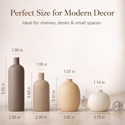 Ceramic Vase Set of 4 – Handmade Boho Neutral Farmhouse Pottery Vases for Pampas Grass, Modern Dried or Fresh Flowers, Decorative Vases for Living Room, Table, Shelf & Entryway