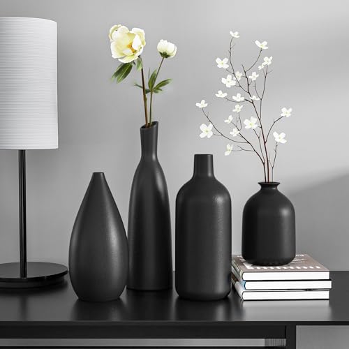 Black Ceramic Vase Set of 4,Modern Minimalist Vase Decor for Bookshelf,Dining Room Coffee Console Table Centerpieces - color: Black*4