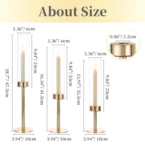 Hewory Gold Candle Holders Hurricane Candlestick Holders, 12Pcs Candle Stick Candle Holder Candelabra, Taper Candle Holders with Glass Candle Cover for Wedding Table Centerpiece Christmas Decor - color: Gold, size: 12pcs