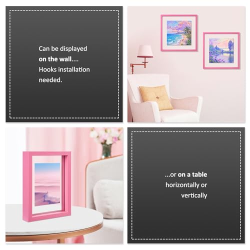 MUYE 10x10 Floating Frame Set of 2,Double Real Glass Square Photo Frame,Display Any Size Photo up to 10x10,Wall Mount or Tabletop Standing,Pink - color: Pink, size: 10x10