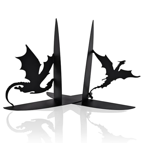 Metal Dragon Bookends Stoppers Holder Stand for Desk Shelf Cool Dragon Book Ends Decorative, Fantasy Dragon Bookends for Bookshelf Decor - color: Black