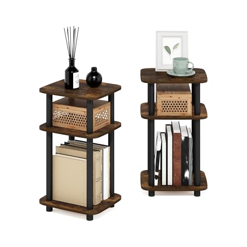 Furinno JUST Side Table Set of 2, 3-Tier Turn-N-Tube End Table with Open Shelf, Round Curve Corner Night Stand, Bedside Table, Easy Assembly, for Living Room, Bedroom, Amber Pine - color: Amber Pine, size: 2-Pack, Plastic Frame, 3-Tier