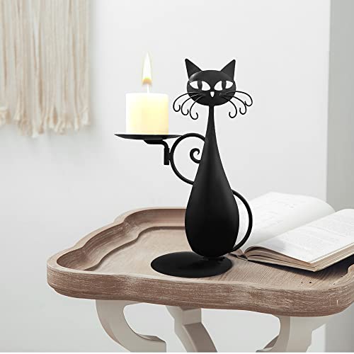 Black Cat Candle Holder for Pillar Candles Led Flameless Candles, Retro Rustic Farmhouse Home Metal Cat Decor Candlestick for Centerpiece, Dining Table, Housewarming Gifts