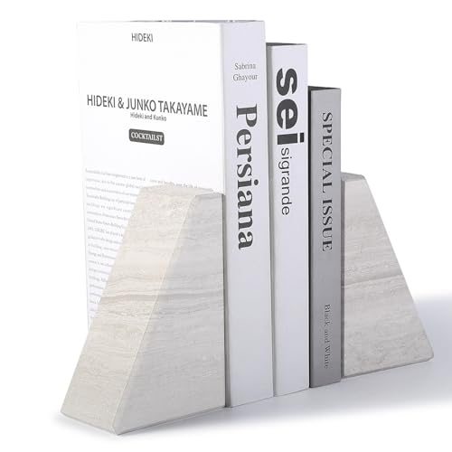 Marble Book Ends for Heavy Books, Decorative Bookends for Shelves, Durable and Heavy-Duty Bookends for Hardback Book & CDS, Off-White Unique Books Stopper & Holder, Set of 2 - color: Off-white