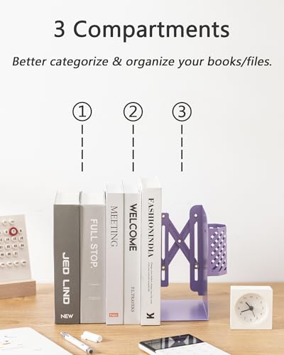 Kingsmile Book Ends, Adjustable Bookends for Shelves, Metal Bookends for Heavy Books, Book Stopper Organzier with Pen Holder for Desk, Kids Room, Office, Classroom, Library, Study Room.(Purple) - color: Purple