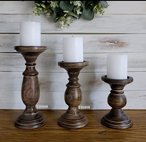 Candle Pillar Holder, Candle Holder Set of 3 Fall Wooden Candle Holder, Farmhouse Set for Table Centerpiece Home Decor-10,8,6 Inch