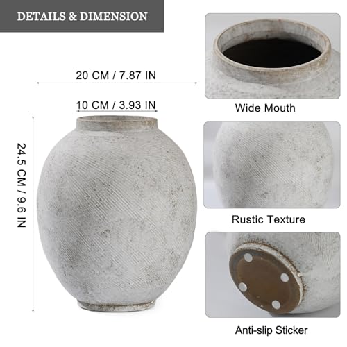Large Textured White Ceramic Pottery Vase - 9.6'' Tall Rustic Farmhouse Round Vases for Home Decor, Big Decorative Terracotta Vase for Living Room, Fireplace, Table, Shelf - style: Modern Farmhouse Barn