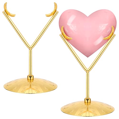 Gold 2 Pcs Heart Shape Metal Display Stand Adjustable Golden Rock Display Holder for Gemstones Minerals Agate Slabs Plates Seashell Sphere Crystal Ball Eggs Collectibles - color: Gold