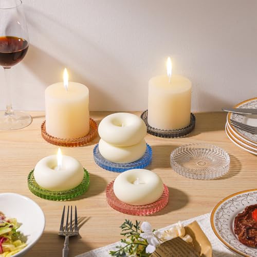 2 Pack Glass Pillar Candle Holders 4 Inch Ribbed Edge Design Decorative Candle Plate with Serrated Edges Clear Blue Display Stand for Wedding Home Decor Table Centerpieces - color: Blue