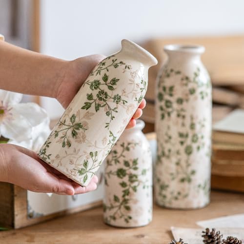 Teweiqi Vintage Vase Set of 3, Ceramic Flower Vases Chinoiserie Decor, Rustic Farmhouse Vases Retro Decorative Vases, for Home Living Room Kitchen Table Mantle Shelf Decor - Green and White - color: Green and White, size: set of 3
