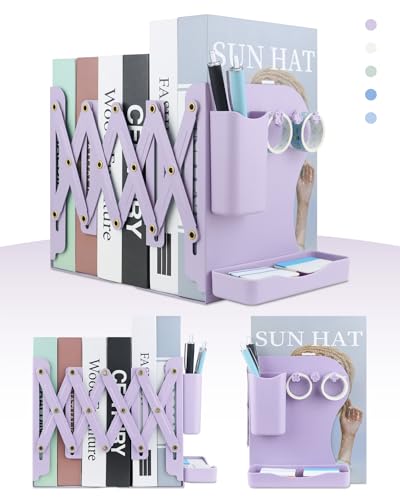 Heavy Duty Bookends Adjustable Book End, Desk Book Holder for Shelves, Book Organizer for Desk, Suitable for Office Home School (19.69 inches Max) (Purple) - color: Purple