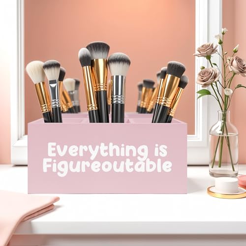 Everything Is Figureoutable Makeup Brush Toothbrush Holder, Preppy Coquette Pink Wooden Pen Pencil Holder Organizer for Dorm Bedroom Desk Accessories, Inspirational Gifts for Women - color: Color-Desk accessories pink 19