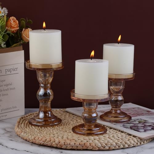 3-Piece Set of Amber Glass Candlestick, Crystal Candlestick Holder Holder and Conical Candle, Christmas Candle Holder Decoration, Family Living Room Wedding Candle Holder (Amber) - color: Amber