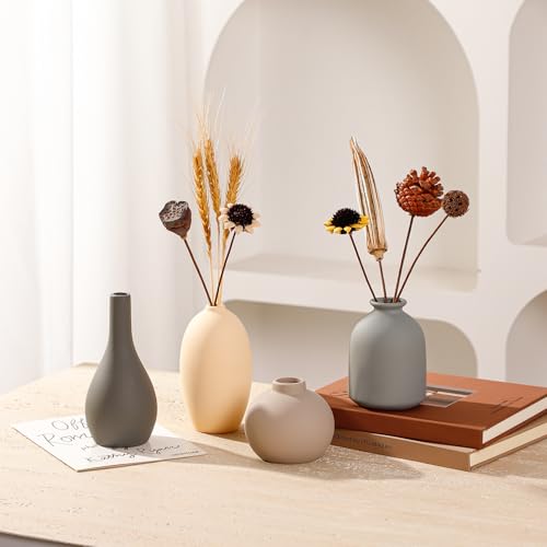 Ceramic Vase Set of 4 Small Vases Home Decor Modern Rustic Farmhouse Pottery Decorative Flower Vases for Pampas Grass Dried Fresh Flowers, Living Room, Bedroom, Table Centerpiece, Mantel, Shelf