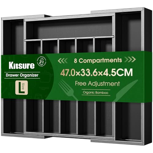 Kitsure Silverware Organizer - Expandable Bamboo Kitchen Drawer Organizer for Cooking Utensils and Cutlery, Sturdy & Thickened Kitchen Organizers and Storage Solution, Large, Black - color: Black, size: Large
