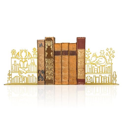 Decorative Gold Lacquered Bookend of Dragon and Cat Reading Lie on Bookshelf, 9.1x 4.7 inches Fantasy Dragon Decoration Bookends, Unique Dragon Decoration, Cute and Fantasy Bookend
