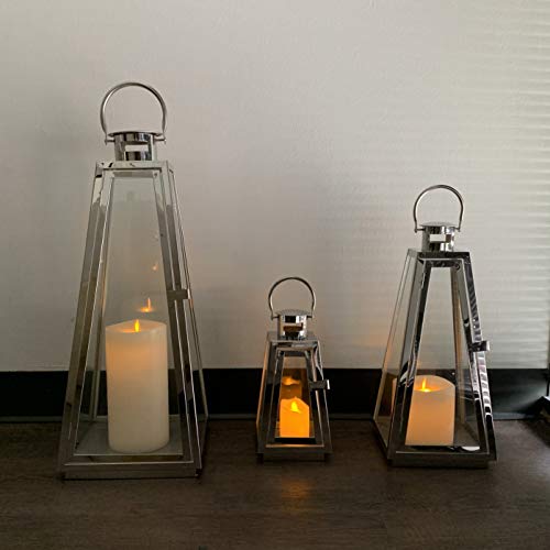 Allgala 3-PC Lantern Set 24 Inch Jumbo Deluxe Modern Indoor/Outdoor Candle Lantern Set Silver Chrome Stainless Steel Tapered Trapezoid Frame with Tempered Glass for Garden Patio Fireplace Wedding - color: Taper Silver