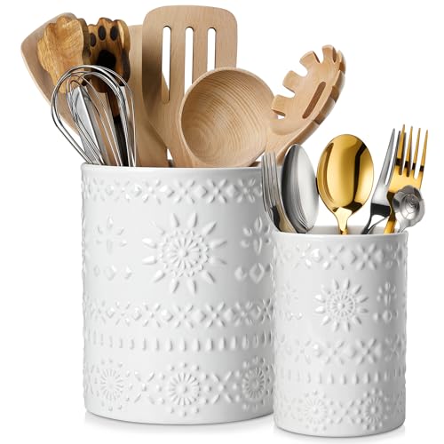 LOVECASA Utensil Holder, 7.2"+5.4" Ceramic Utensil Holder for Countertop, Large Cooking Utensil Crocks for Kitchen Counter, Farmhouse Utensil Vase for Housewarming, Kitchen Decor, Set of 2, Snow - color: Snow, size: 7.2"+5.4" (Set of 2)