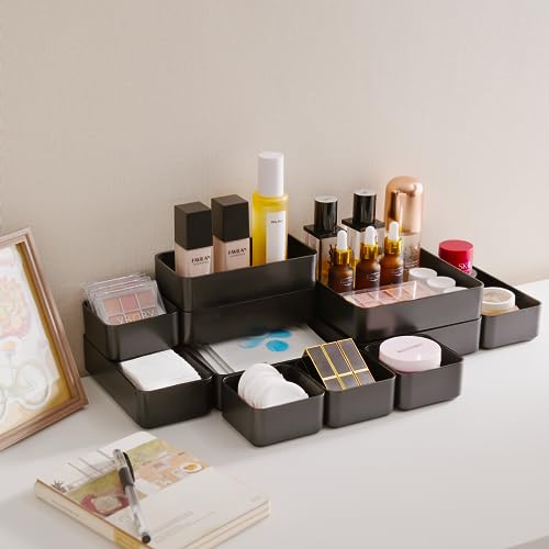 11-Piece Stackable Drawer Organizer Set, Multi-size Desk Drawer Organizer Trays Vanity Storage Bins for Storing Makeup, Stationery, Utensils in Bathroom Dresser, Office and Kitchen - color: Black