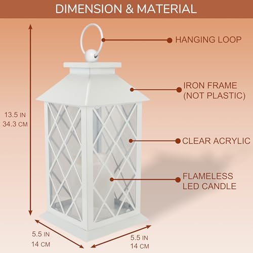 13" Metal Vintage Lantern with Pillar Flameless Candles, Battery Operated Decorative Hanging Retro Iron Lantern with LED Plastic Candle (White) - color: White