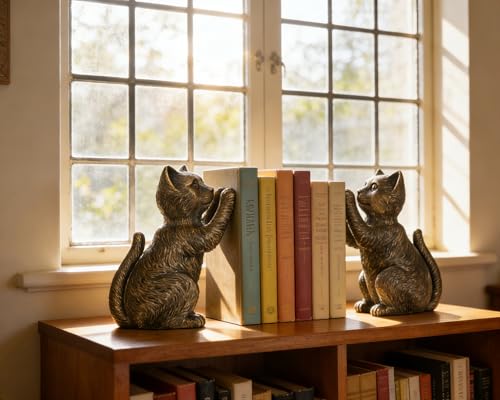 Vintage Cat Bookends for Shelves, Heavy Duty Bookends, Vintage Decorative Bookends for Kids Books, Non-Skid Design, Cat Statue Enthusiasts Gifts - color: Vintage