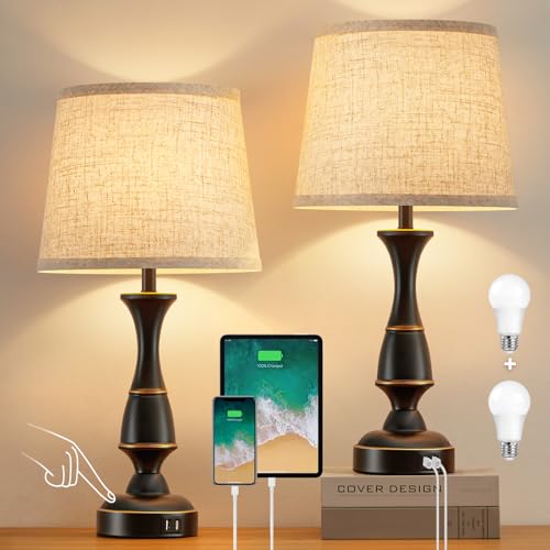 Luvkczc Touch Table Lamps Set of 2, 22" Tall Bedside Lamps with Dual USB A Ports, Dimmable Nightstand Lamps for Bedroom, Living Room, Office, Black Lamps with Beige Lampshade, Bulb Included - color: Black base+Beige lampshade, size: 22in