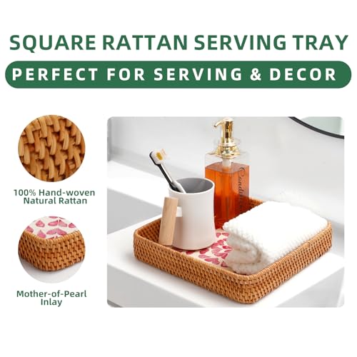 1 pcs Rectangle Rattan Serving Tray with Mother of Pearl Inlay, Decorative Wicker Tray for Coffee, Bread, Fruits, Elegant Table Decor for Living Room & Dining Room - color: Purple-purple Petal