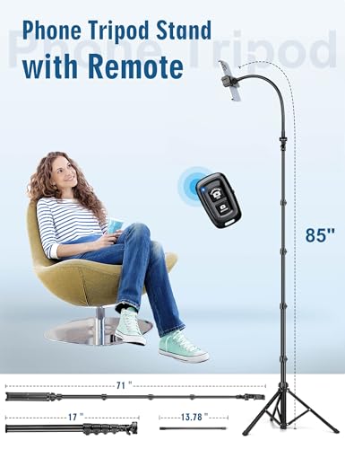 Nineigh Phone Tripod, 85" Tripod for Cell Phone iPhone with Gooseneck, Aluminum Tripods Stand for Video Recording Photo Vlog, Travel Cellphone Tripod with Remote Compatible with iPhone Android - size: 85 Inch