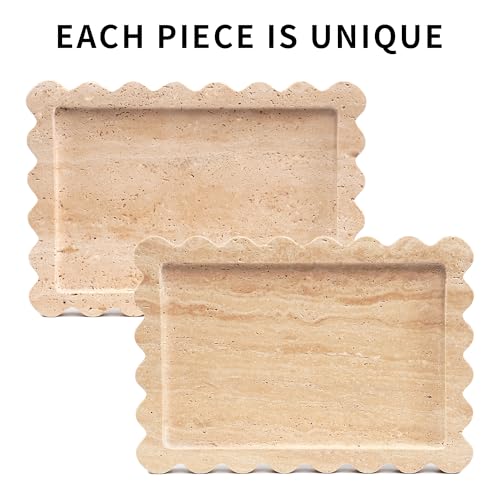 Scalloped Travertine Marble Tray - Large Home Decorative Stone Vanity Perfume Plates for Bathroom Accessories Coffee Table, Dresser Dish for Kitchen Countertop (10.6" x 7.4"x 0.8") - color: Scallop-travertine