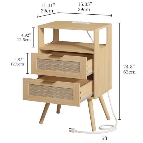 JOONEE Rattan Nightstand with Charging Station,Farmhouse Bedside Table with 2 Storage Drawer and Open Wood Shelf, for Bedroom and Small Spaces,Night Stand with Solid Wood Legs (Yellow Oak-Outlet) - color: Yellow Oak-outlet